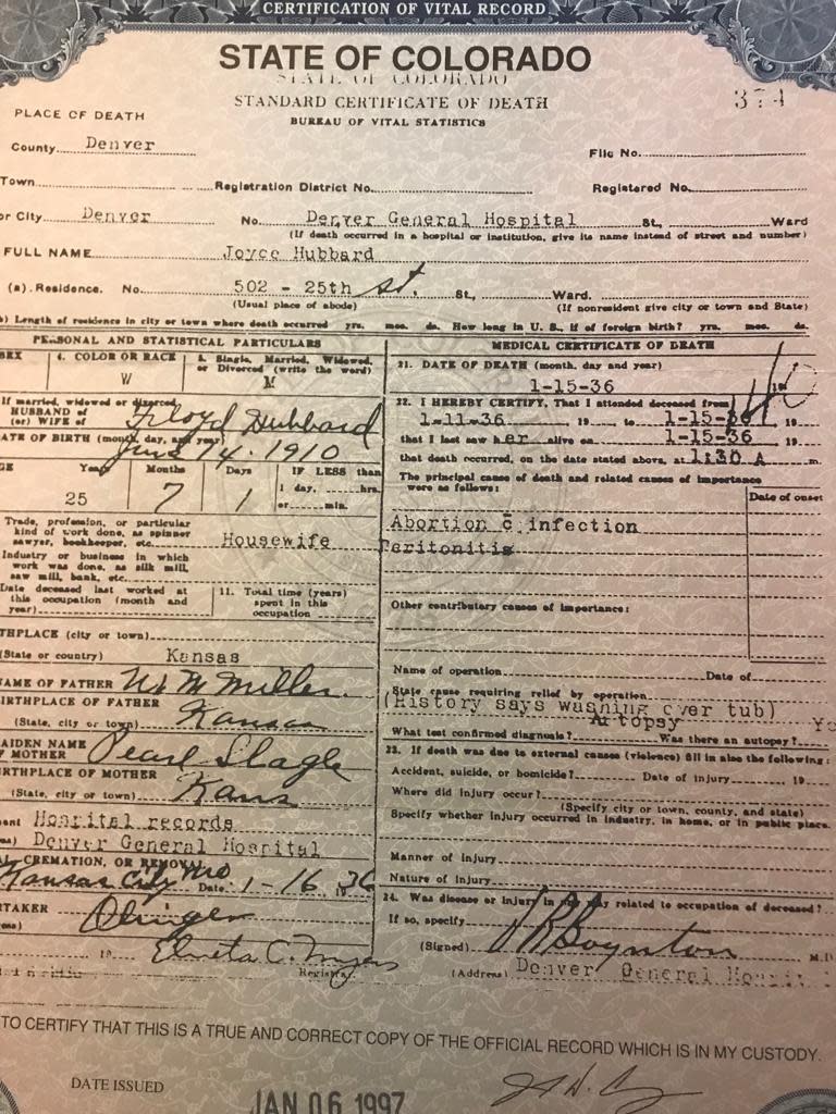 Death Certificate of my great-grandmother Joyce Hubbard, who died from a botched, illegal abortion.