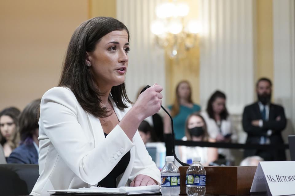 Cassidy Hutchinson, former aide to Trump White House chief of staff Mark Meadows, testifies as the House select committee investigating the Jan. 6 attack on the U.S. Capitol holds a hearing at the Capitol in Washington, Tuesday, June 28, 2022. (AP Photo/J. Scott Applewhite)