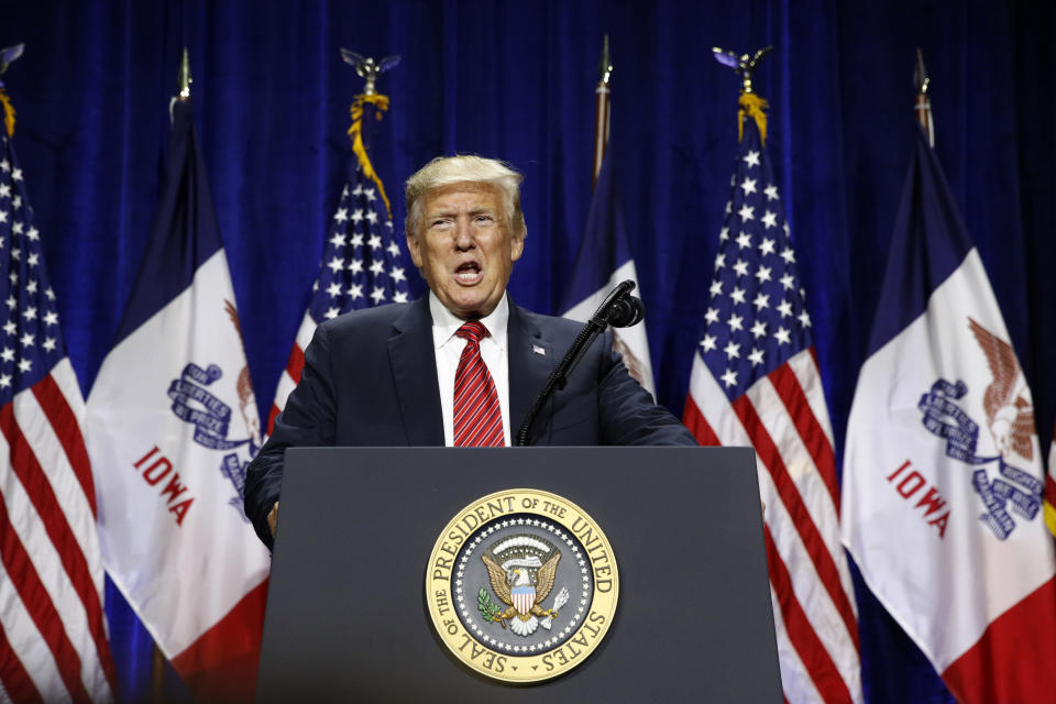 President Donald Trump speaks at the Republican Party of Iowa's annual dinner in West Des Moines, Iowa, Tuesday, June 11, 2019. (AP Photo/Patrick Semansky)