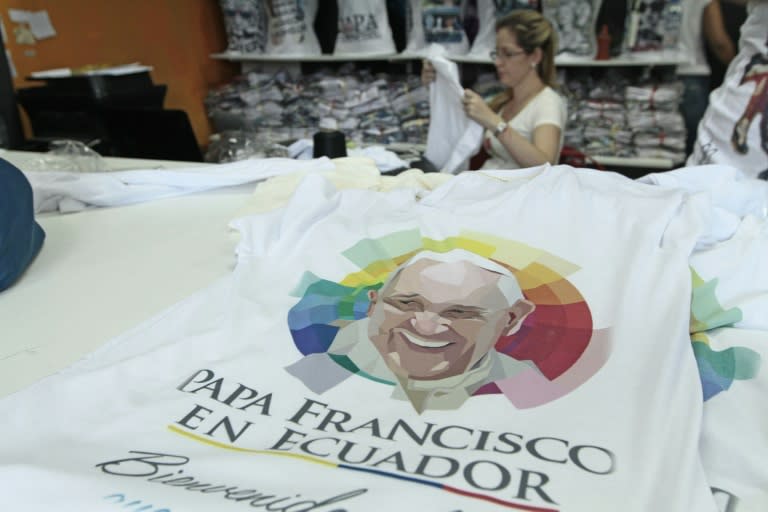 A shirt portraying Pope Francis is seen in a shop in Quito on July 3, 2015