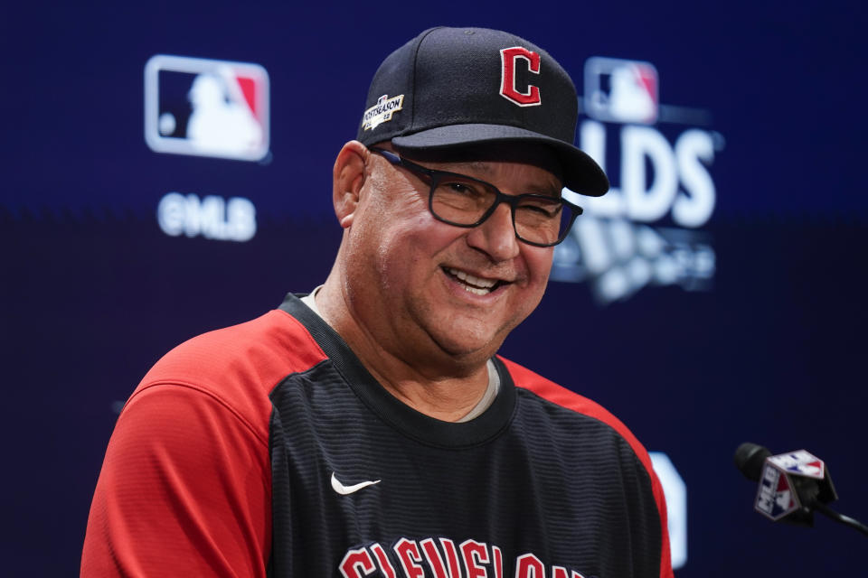 Cleveland Guardians manager Terry Francona speaks to reporters before Game 2 of an American League Division Series baseball game at Yankee Stadium, Friday, Oct. 14, 2022, in New York. (AP Photo/Seth Wenig)