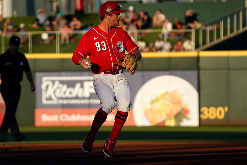 Reds minor leaguer Matt McLain throws to first for an out during a spring training game against the Brewers on March 23.