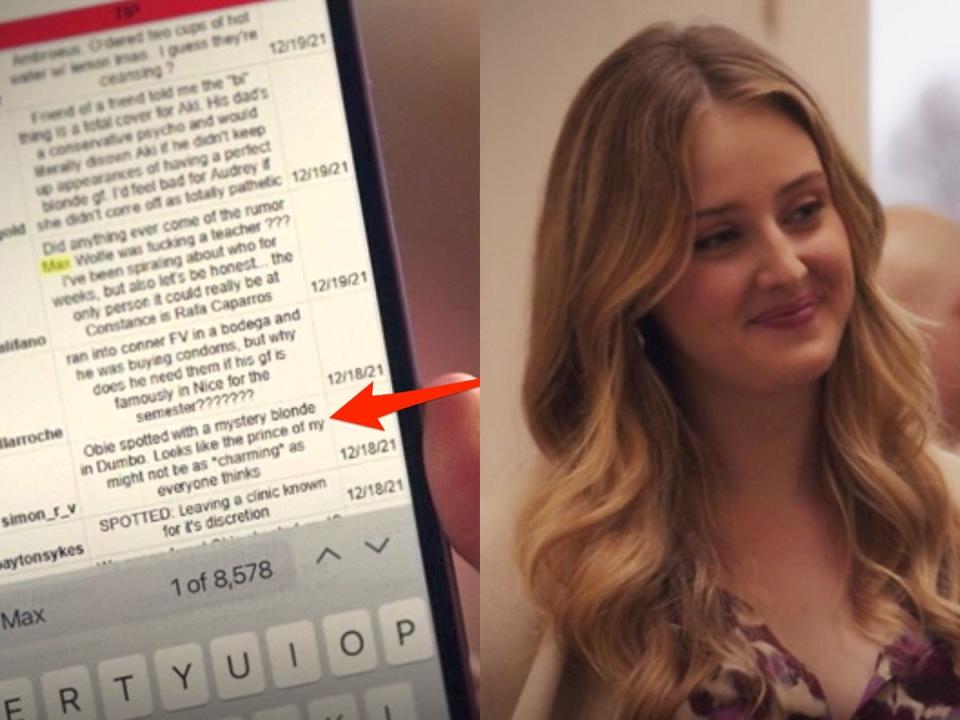 On the left: An arrow pointing to a spreadsheet on a cell phone. On the right: A blonde girl on season one of "Gossip Girl" on HBO Max.