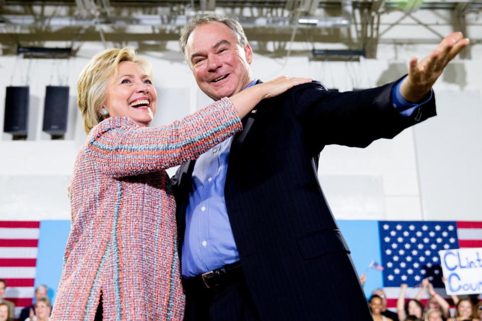 <p>Hillary Clinton and Sen. Tim Kaine, D-Va. at a rally at Northern Virginia Community College in Annandale, Va., July 14, 2016. (Photo: Andrew Harnik/AP)</p>