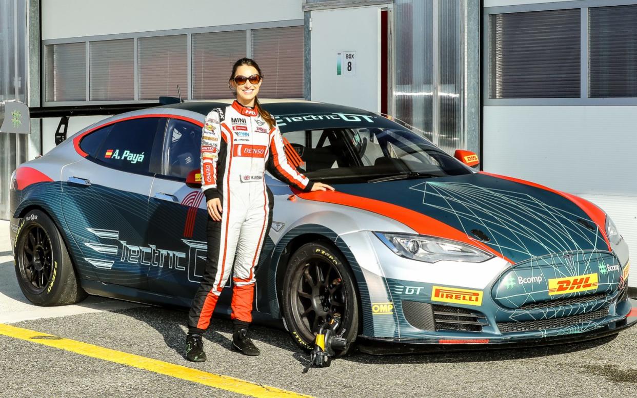 Rebecca with the race-prepared Tesla Model S she tested at Pau recently