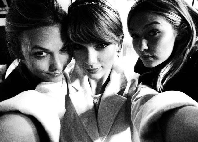 <p>Gigi Hadid/Instagram</p> Taylor Swift posing with Karlie Kloss and Gigi Hadid