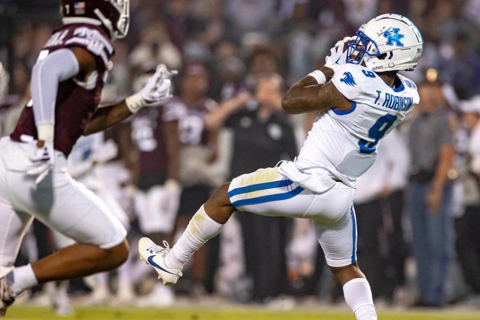 Kentucky wide receiver Tayvion Robinson (9) caught five passes for 91 yards in UK’s 24-3 win at Mississippi State last week. The super-senior, a transfer from Virginia Tech, will play his final game at Kroger Field on Saturday when the Wildcats take on No. 8 Alabama.