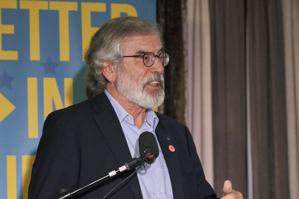 Former Sinn Fein leader Gerry Adams speaks during a meeting in Dundalk, at the border between Britain's Northern Ireland and the Republic of Ireland that is inside Europe, Thursday, Oct. 3, 2019. Irish republicans believe the prospects of reunification of the island of Ireland are stronger than ever in the wake of the UK’s recent Brexit proposals, and Gerry Adams said "There is going to be a referendum on Irish unity,” during the public meeting Thursday night. (AP Photo/David Keyton)