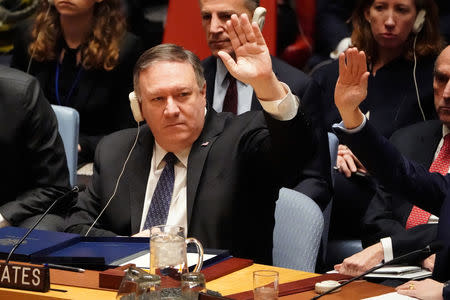 U.S. Secretary of State Mike Pompeo is pictured voting at the United Nations during a Security Council meeting about the situation in Venezuela in the Manhattan borough of New York City, New York, U.S., January 26, 2019. REUTERS/Carlo Allegri