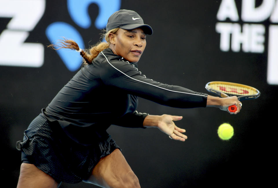 United States' Serena Williams plays backhand return to Japan's Naomi Osaka during an exhibition tennis event in Adelaide, Australia, Friday, Jan. 29. 2021. (Kelly Barnes/AAP Image via AP)