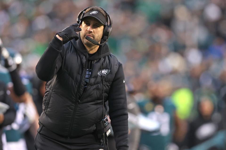 Philadelphia Eagles head coach Nick Sirianni shown on the sidelines against the San Francisco 49ers during the second quarter in the NFC championship game.