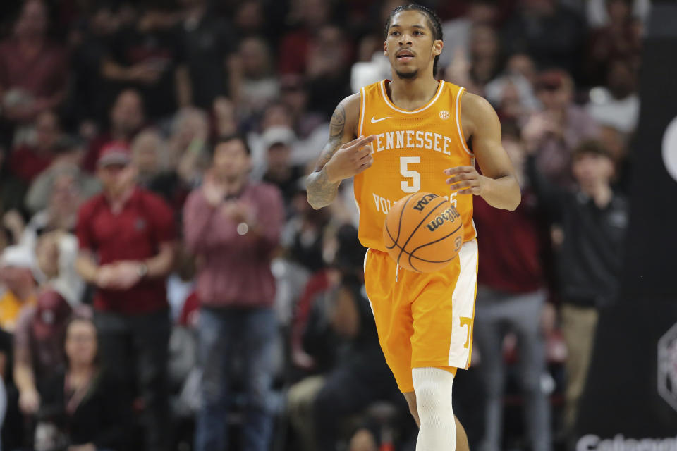 Tennessee guard Zakai Zeigler brings the ball up during the second half of the team's NCAA college basketball game against South Carolina on Wednesday, March 6, 2024, in Columbia, S.C. (AP Photo/Artie Walker Jr.)