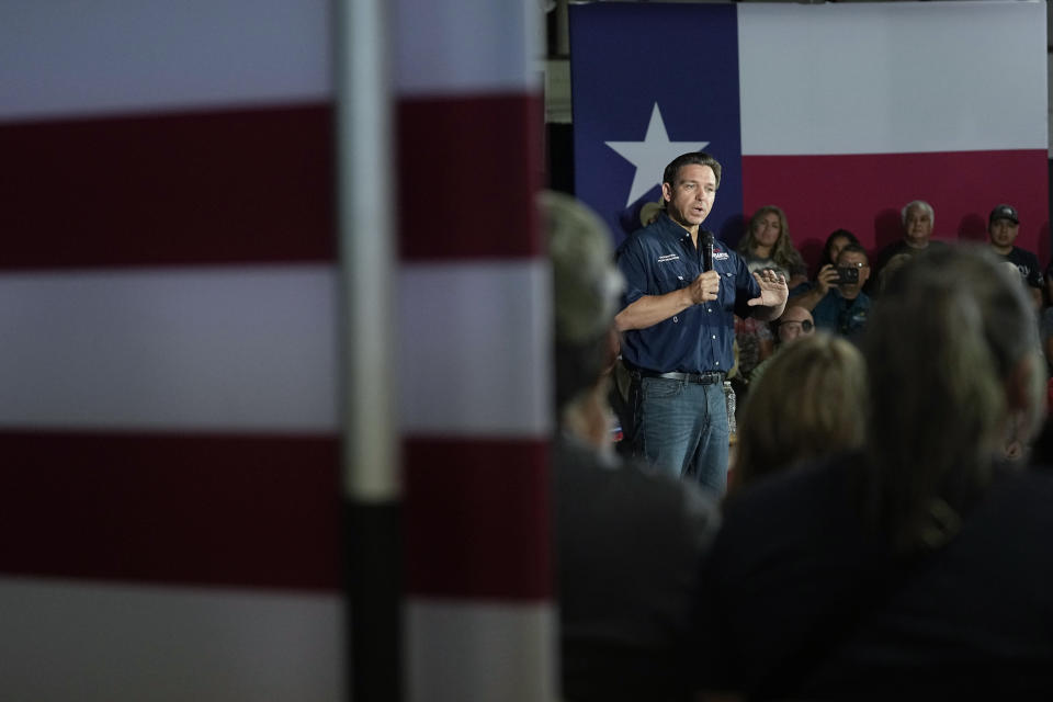 Republican presidential candidate Florida Gov. Ron DeSantis speaks during a town hall meeting in Eagle Pass, Texas, Monday, June 26, 2023. (AP Photo/Eric Gay)