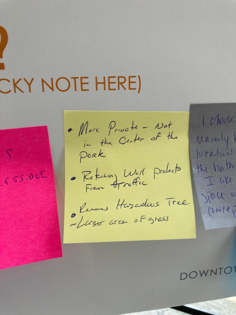Sticky notes offer insight on people's thoughts around different restroom facility design concepts for downtown Asheville.