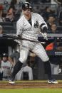 New York Yankees' Josh Donaldson reacts after striking out swinging in the eighth inning of the team's baseball game against the Houston Astros, Friday, June 24, 2022, in New York. (AP Photo/Bebeto Matthews)