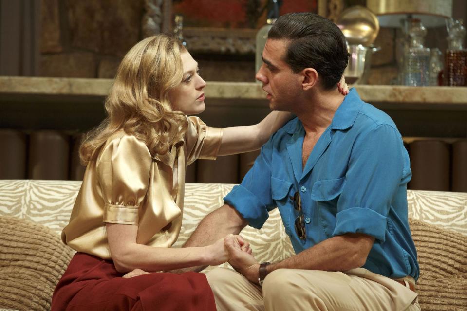 This publicity image released by Polk PR shows Marin Ireland, left, and Bobby Cannavale in a scene from Clifford Odets’ drama “The Big Knife”, currently performing on Broadway at the Roundabout Theatre Company’s American Airlines Theatre in New York. (AP Photo/Polk PR, Joan Marcus)