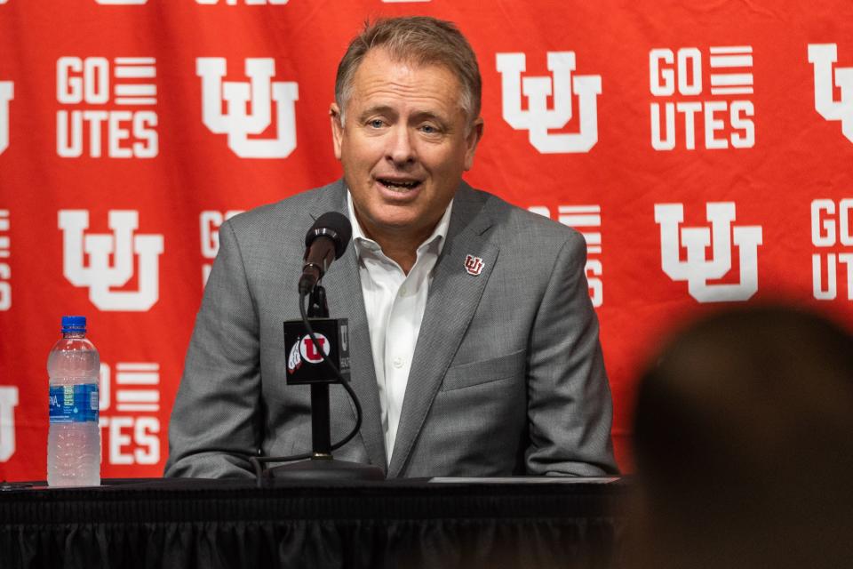 University of Utah President Taylor Randall speaks at a press conference regarding Utah’s move to the Big 12 Conference at Rice-Eccles Stadium in Salt Lake City on Monday, Aug. 7, 2023. | Megan Nielsen, Deseret News