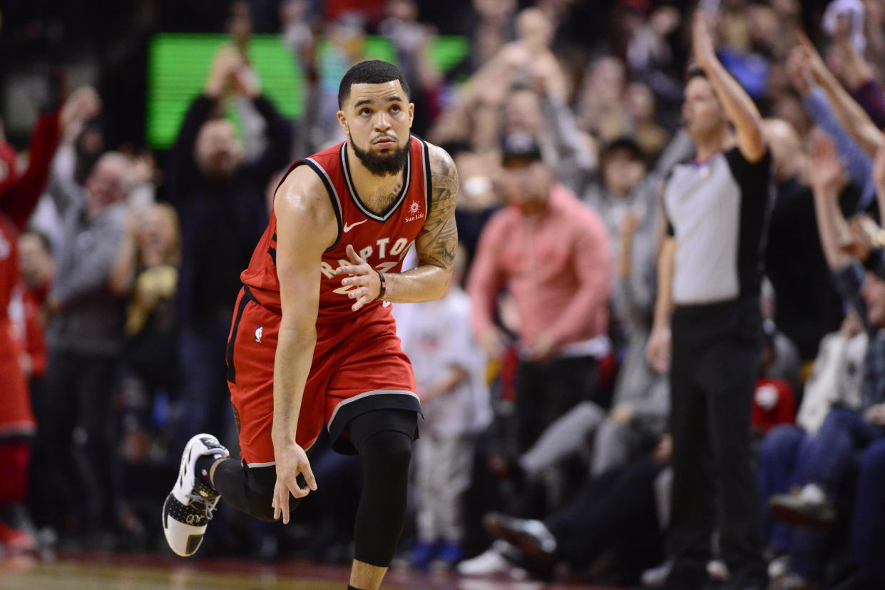 Toronto Raptors guard Fred VanVleet (23) celebrates his 3-point winning basket to defeat the Indiana Pacers in an NBA basketball game, Wednesday, Dec. 19, 2018 in Toronto. (Frank Gunn/The Canadian Press via AP)