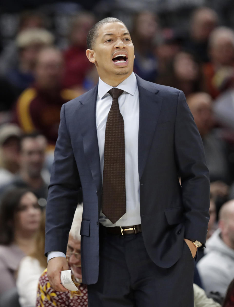 Cleveland Cavaliers head coach Tyronn Lue yells instructions to players in the first half of an NBA basketball game against the Indiana Pacers, Saturday, Oct. 27, 2018, in Cleveland. (AP Photo/Tony Dejak)