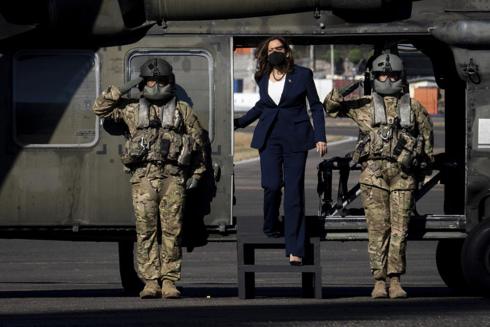 Vice President Kamala Harris walks off a helicopter in Tegucigalpa, Honduras, Thursday, Jan. 27, 2022. (Erin Schaff/The New York Times via AP, Pool)