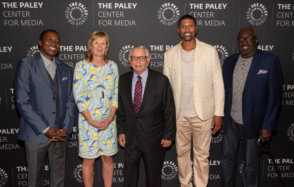 Isaiah Thomas, Jackie MacMullan, David Stern, Jalen Rose and Earl Monroe (from left to right) attend a screening of 