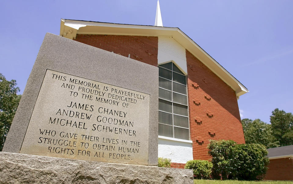 FILE - A memorial for three civil rights workers, who were killed in 1964 sits in front of Mt. Zion Methodist Church, near Philadelphia, Miss., Sunday, June 19, 2005. Memorial services for James Chaney, Andrew Goodman, and Michael Schwerner were held Sunday at the church. Stephen Schwerner doesn't remember how he learned that his younger brother Michael, nicknamed Mickey, was missing in Mississippi along with colleagues Andrew Goodman and James Chaney. What he remembers is that as soon as the family heard the news, they were certain of their fate: "We were sure they were killed," he says. It was the summer of 1964, an era marked by murders, beatings, disappearances and church bombings amid the struggle for voting rights and the fight against segregation. (AP Photo/Danny Johnston, File)