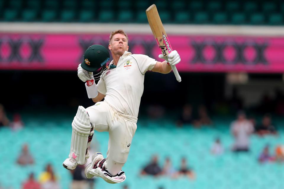 Australia's David Warner celebrates after reaching his century (100 runs) during the fourth day of the third cricket Test match between Australia and New Zealand at the Sydney Cricket Ground in Sydney on January 6, 2020. (Photo by JEREMY NG/AFP via Getty Images)