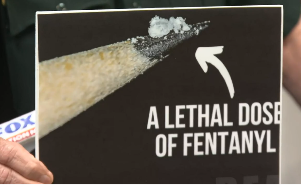 To give an idea how little it takes to kill someone with a dose of fentanyl, Nassau County Sheriff Bill Leeper shows how much on the tip of a pencil during a news briefing July 12, 2023. A young mother was arrested after slipping some inside her nearly 10-month-old's bottle, although she said she thought it was just cocaine.