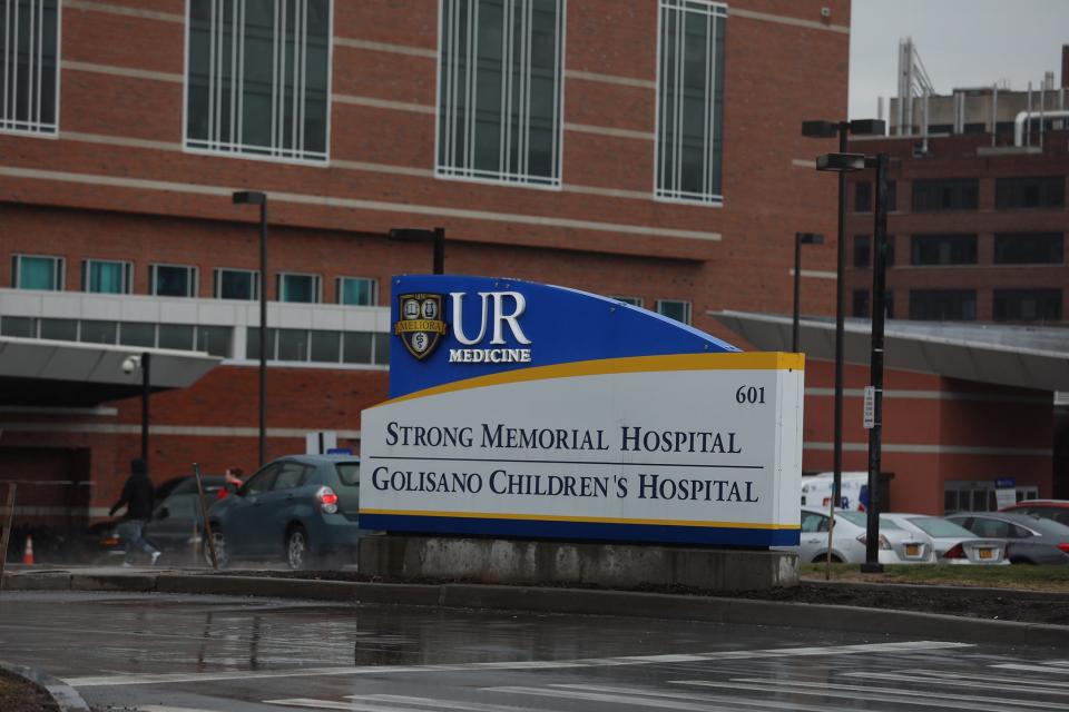 Strong Memorial Hospital and Golisano Children’s Hospital sign in Rochester on March 3, 2020.