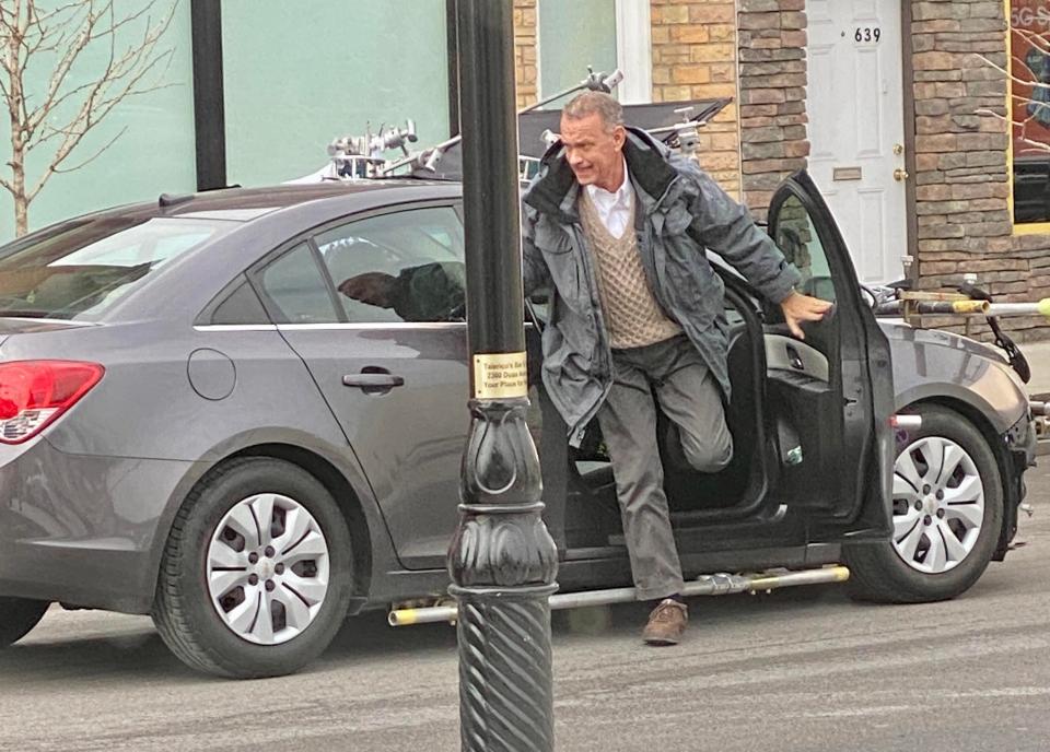 Tom Hanks on an Ambridge street during the making of "A Man Called Otto."