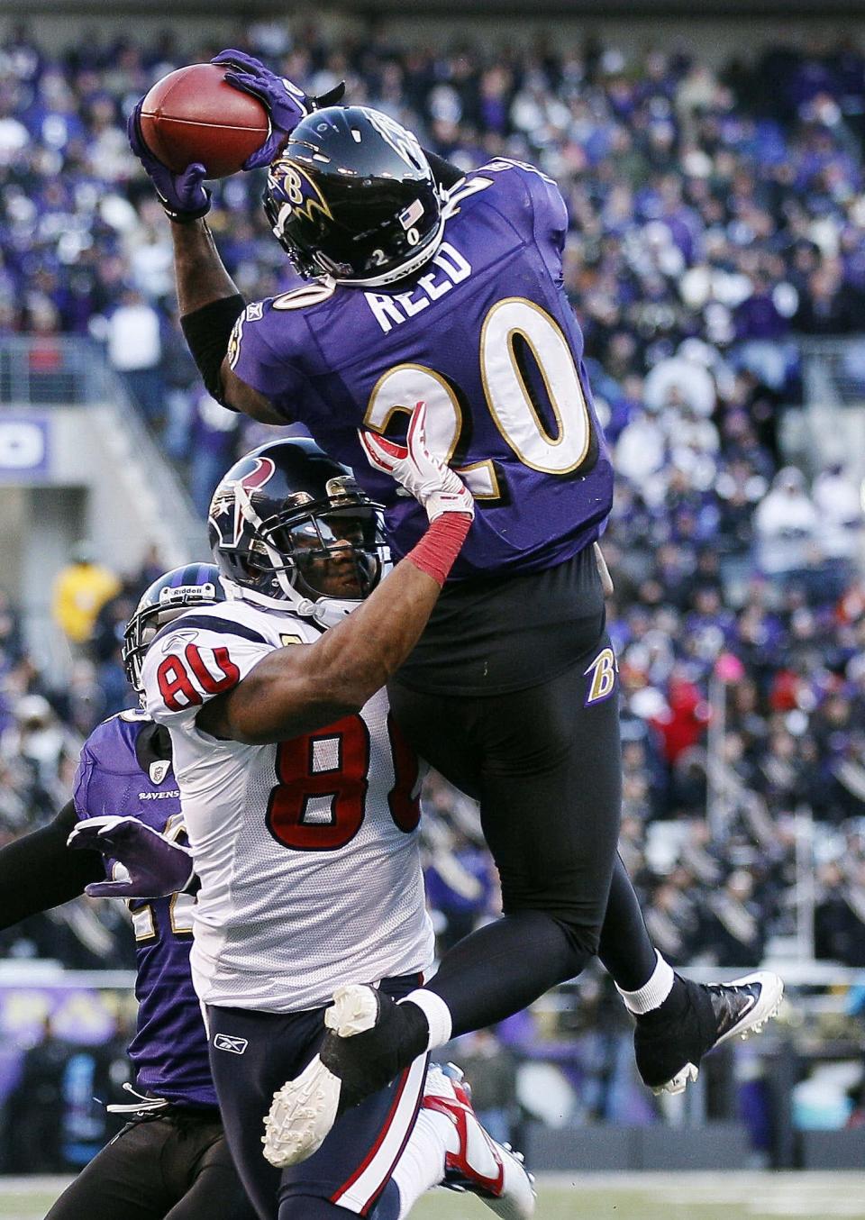 In 12 pro seasons, Ed Reed (20) established himself as one of the best defensive backs in NFL history with 64 career interceptions and myriad other honors and accolades.