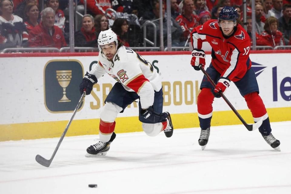 Apr 8, 2023; Washington, District of Columbia, USA; Florida Panthers left wing Ryan Lomberg (94) and Washington Capitals center Dylan Strome (17) battle for the puck during the first period at Capital One Arena. Mandatory Credit: Amber Searls-USA TODAY Sports