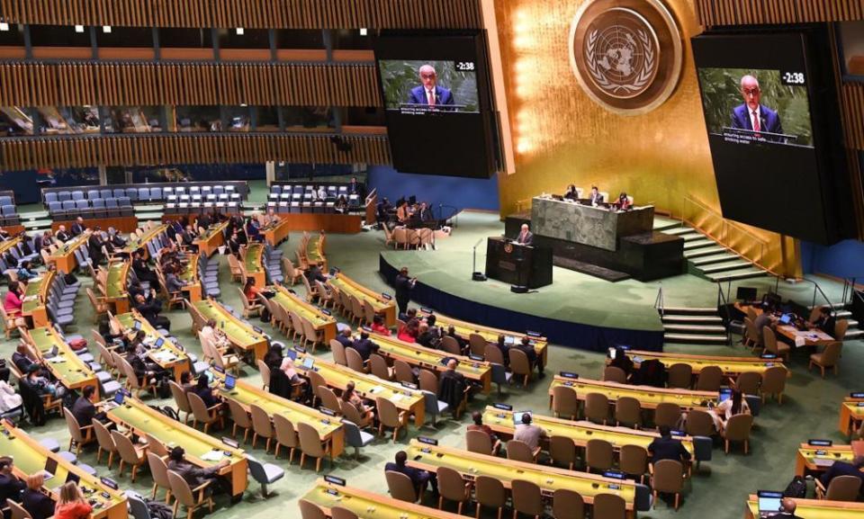 Delegates listen to Turkey’s agriculture and forestry minister, Vahit Kirisci, during the water conference at UN general assembly in New York on Thursday.