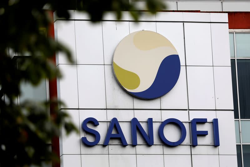 The logo of Sanofi is seen at the company's research and production centre in Vitry-sur-Seine,