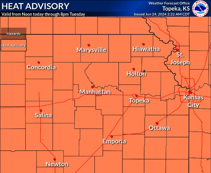 The National Weather Service's Topeka office posted on its website this graphic showing some of the areas covered by a heat advisory, which will be in effect from noon to 8 p.m. Tuesday.