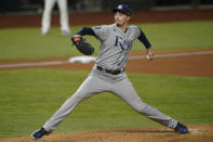 Tampa Bay Rays starting pitcher Blake Snell throws against the Los Angeles Dodgers during the first inning in Game 6 of the baseball World Series Tuesday, Oct. 27, 2020, in Arlington, Texas. (AP Photo/Eric Gay)