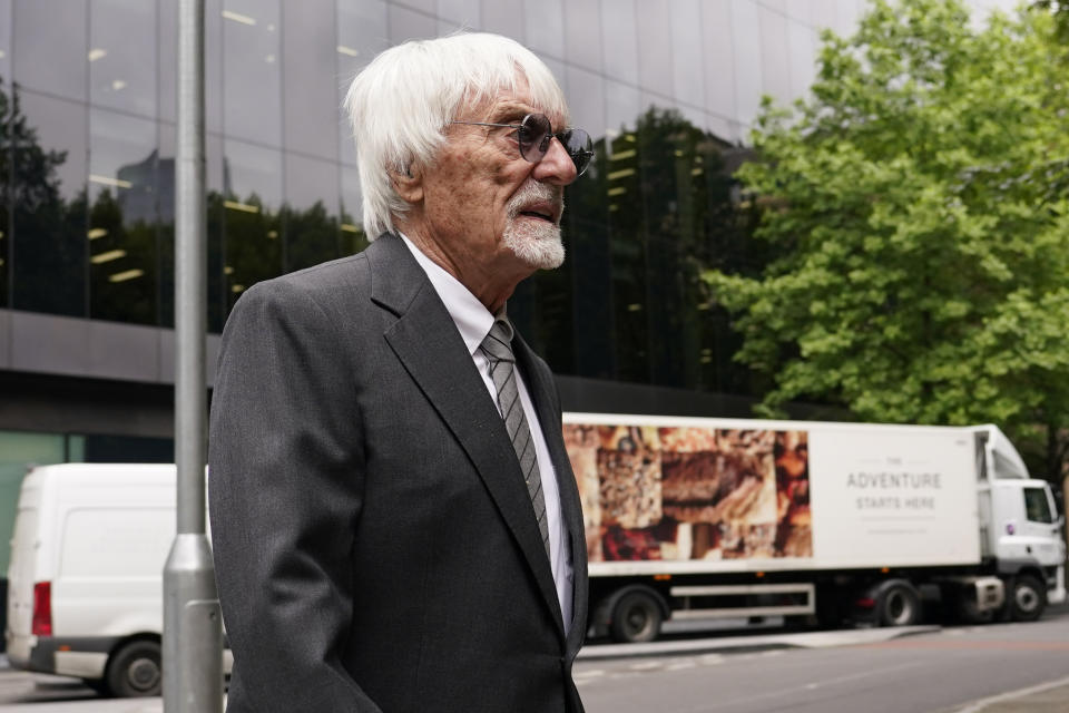 Former Formula One boss Bernie Ecclestone arrives for a hearing at Southwark Crown Court, in London Tuesday June, 6, 2023. Ecclestone is charged with fraud by false representation over an alleged failure to declare £400 million of overseas assets to the Government. (AP Photo/Alberto Pezzali)