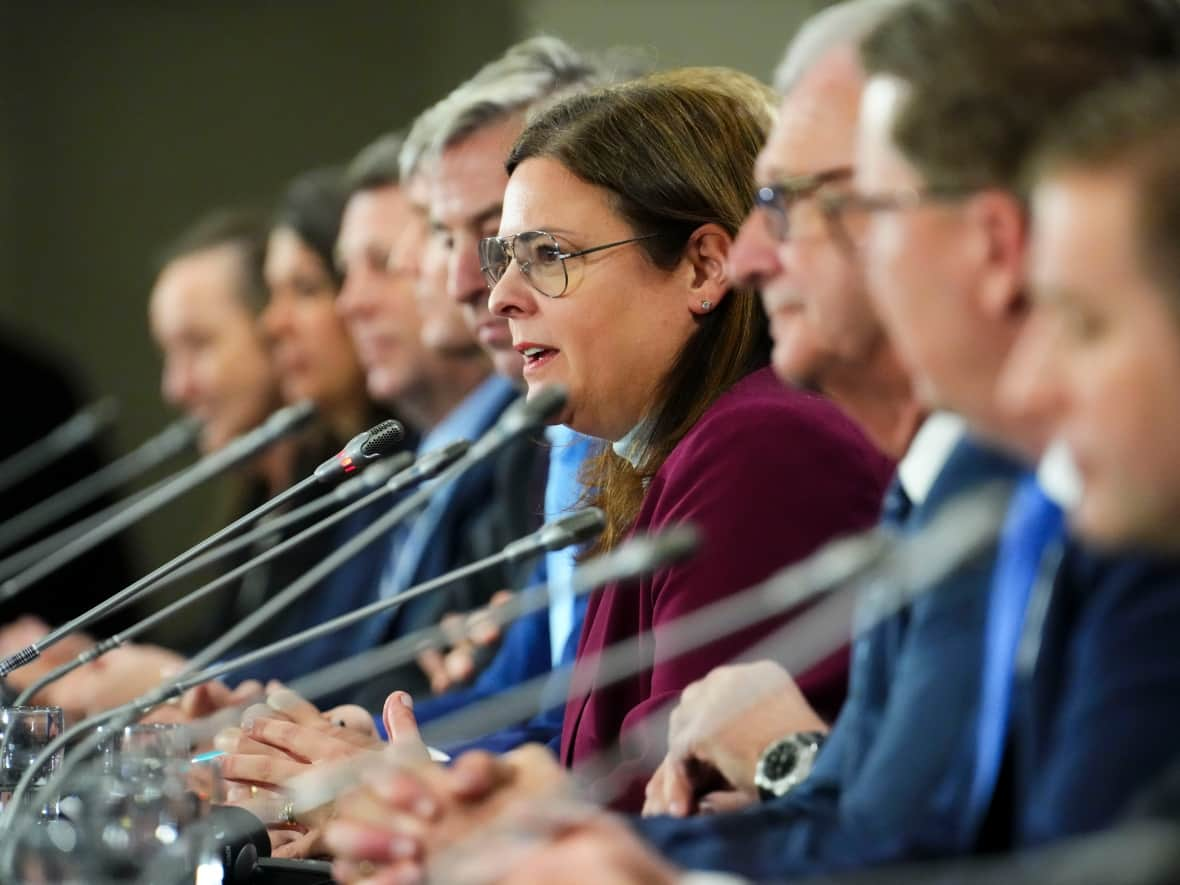 Manitoba Premier Heather Stefanson answers a question as Canada's premiers hold a press conference on health care in Ottawa on Tuesday, Feb. 7, 2023. (Sean Kilpatrick/The Canadian Press - image credit)