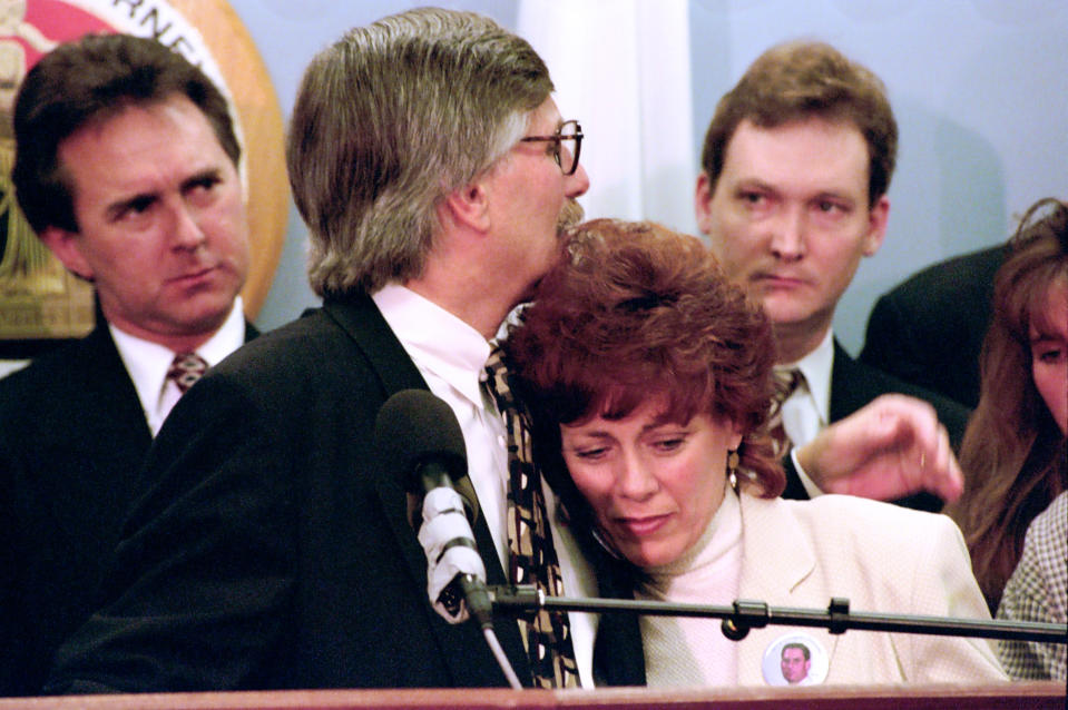 Closeup of Fred Goldman and Sharon Rufo, Ron Goldman's parents, during a press conference