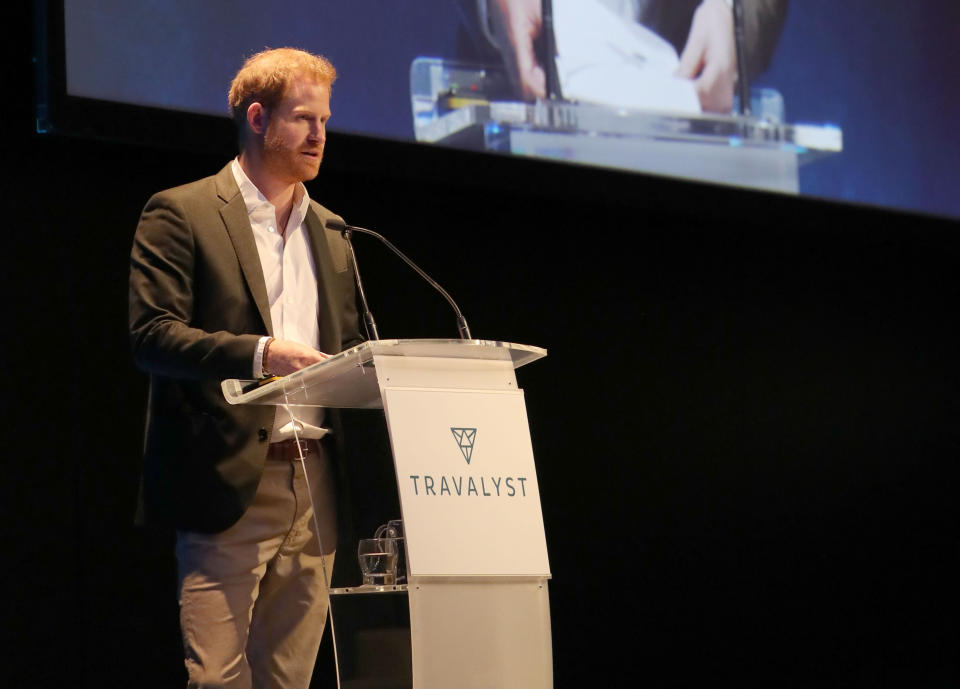 The Duke of Sussex speaking during a sustainable tourism summit at the Edinburgh International Conference Centre in Edinburgh. (Photo by Andrew Milligan/PA Images via Getty Images)