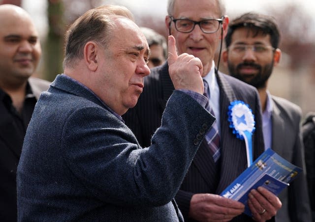 Alex Salmond wagging his finger in the air while making a speech during a local election campaign trail for the Alba Party