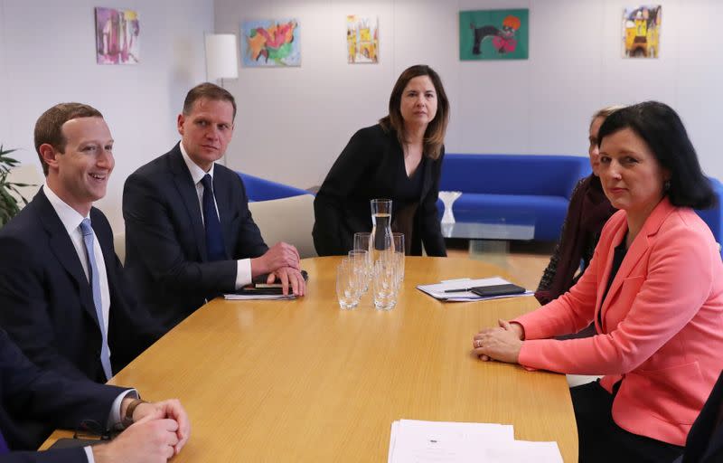 Facebook Chairman and CEO Mark Zuckerberg meets with European Commissioner for Values and Transparency Vera Jourova at the EU Commission headquarters in Brussels