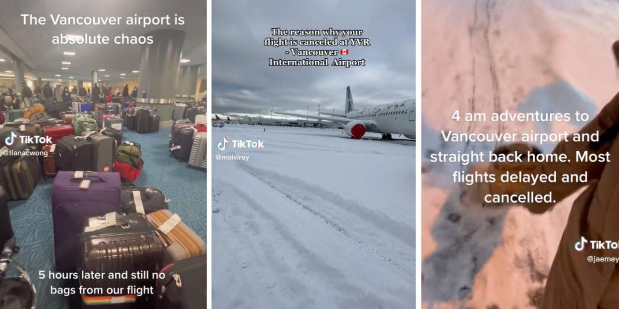 Lines of luggage at an airport, and a plane in the snow.