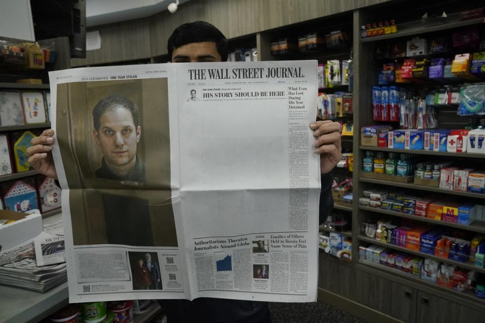 Friday’s Wall Street Journal shows a mostly blank front page to mark the first anniversary of the imprisonment in Russia of its reporter (AFP/Getty)