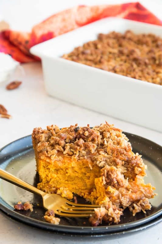 <p>Sense & Edibility</p><p>Sweet Potato Casserole with Coconut Pecan Topping is a beloved recipe in the African-American culture. This version gives the dish a nuttier, more tropical flavor in homage to the Afro-Caribbean. It's full of flavor with pumpkin pie spice, gluten-free and vegetarian. This recipe is also very freezer-friendly so it’s a great option for those busy holiday meals.</p><p><strong>Get the recipe: <a href="https://senseandedibility.com/sweet-potato-casserole-with-coconut-pecan-topping/" rel="nofollow noopener" target="_blank" data-ylk="slk:Sweet Potato Casserole with Coconut Pecan Topping;elm:context_link;itc:0;sec:content-canvas" class="link rapid-noclick-resp">Sweet Potato Casserole with Coconut Pecan Topping</a></strong></p>