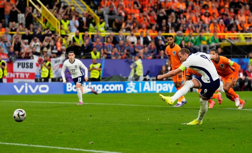 England's Harry Kane scores their side's first goal of the game from the penalty spot (Nick Potts/PA Wire)