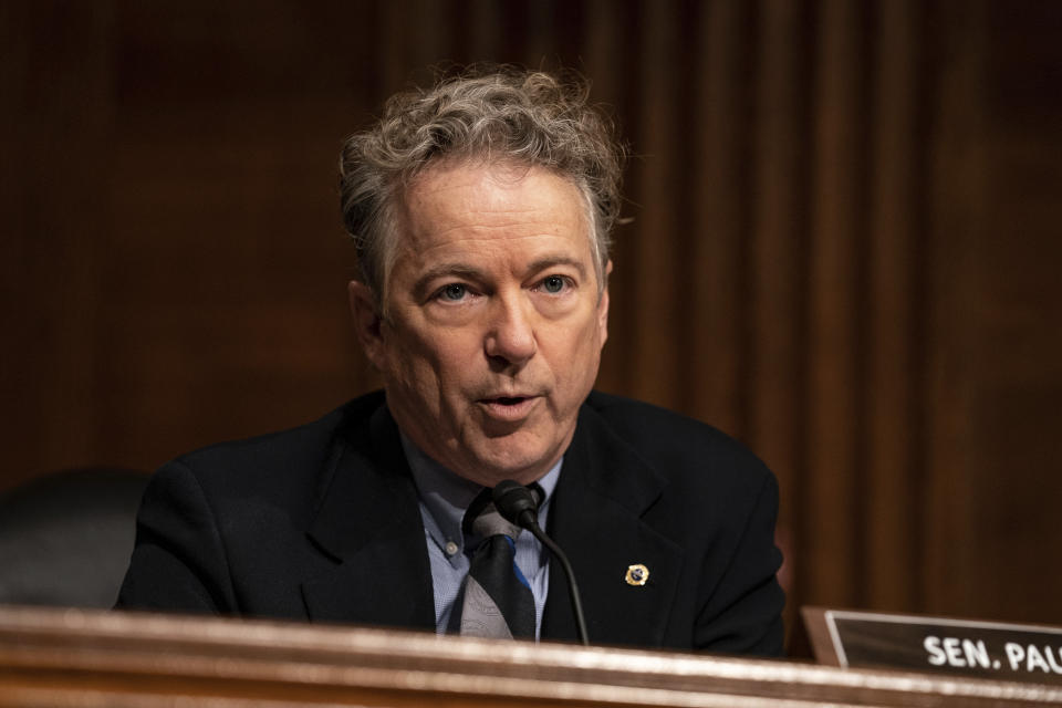 Sen. Rand Paul, R-Ky. speaks during a Senate Health, Education, Labor and Pensions Committee hearing on the nomination of Miguel Cardona to be education secretary on Capitol Hill, Wednesday, Feb. 3, 2021, in Washington. (Anna Moneymaker/The New York Times via AP, Pool)
