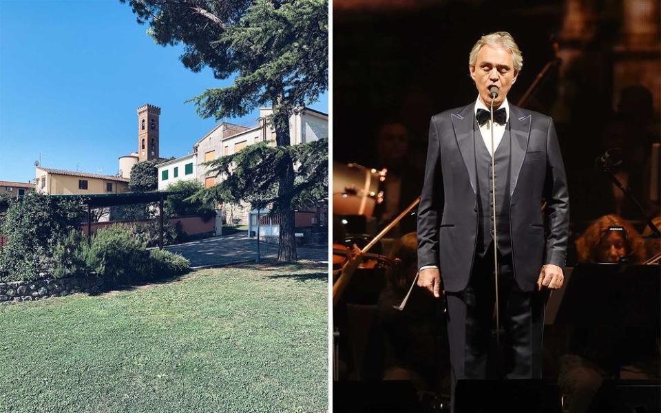 From left: Outside the Tuscan farmhouse that houses the studio; Andrea Bocelli in concert. | From left: Courtesy of @dylangracetravels; Michael Loccisano/Getty Images
