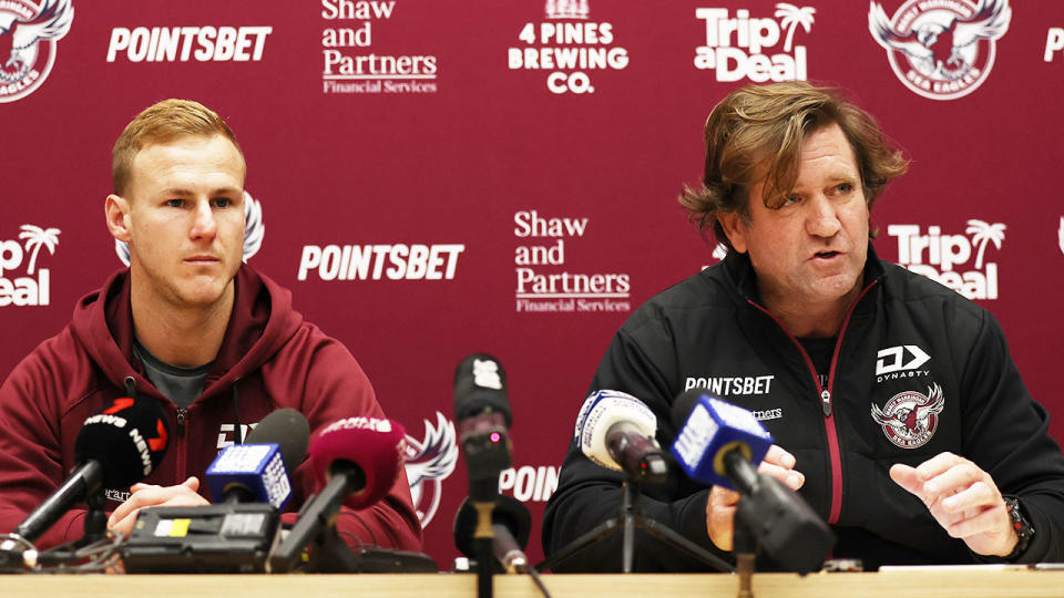 Manly's captain Daly Cherry-Evans and coach Des Hasler are seen here addressing media.