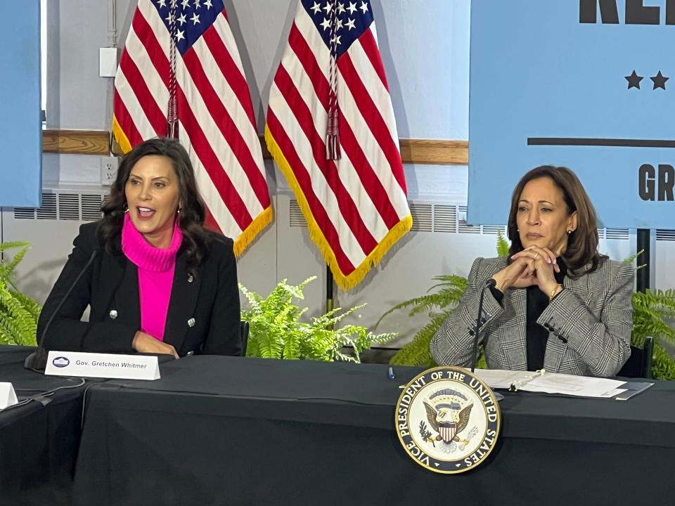 Gov. Gretchen Whitmer, left, speaks during a roundtable discussion on abortion access with Vice President Kamala Harris on Thursday, Feb. 22, 2024, at Fountain Street Church in Grand Rapids, Mich.